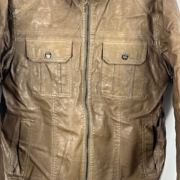Point Zero Faux Leather Bomber Jacket Size S Brown Long Sleeve Band Collar Zip - Picture 3 of 9